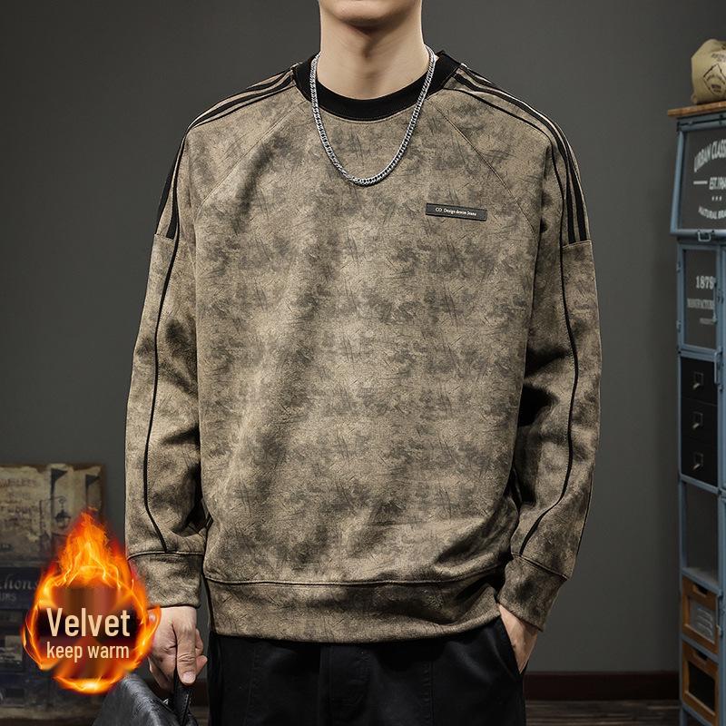 Herren Herbst Wildleder Plüsch Gestreifter Hoodie - Schwergewicht, Sportlich, Lässig Rundhals Pullover