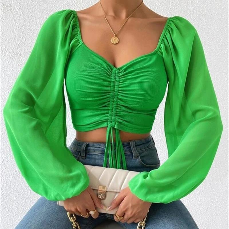 Women's Summer New V-neck Chiffon Drawstring Lantern Sleeve Tight Fashion Sexy Shirt Top