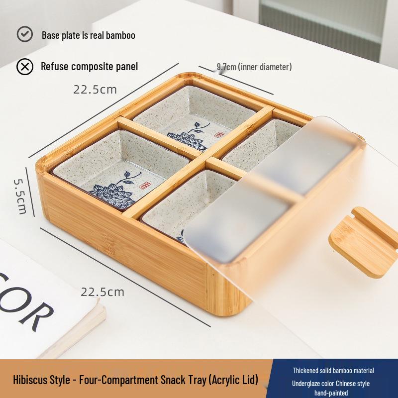 Japanese Bamboo & Wood Snack Box - 4-Compartment Plate for Pastries, Nuts, Seeds, & Dried Fruit