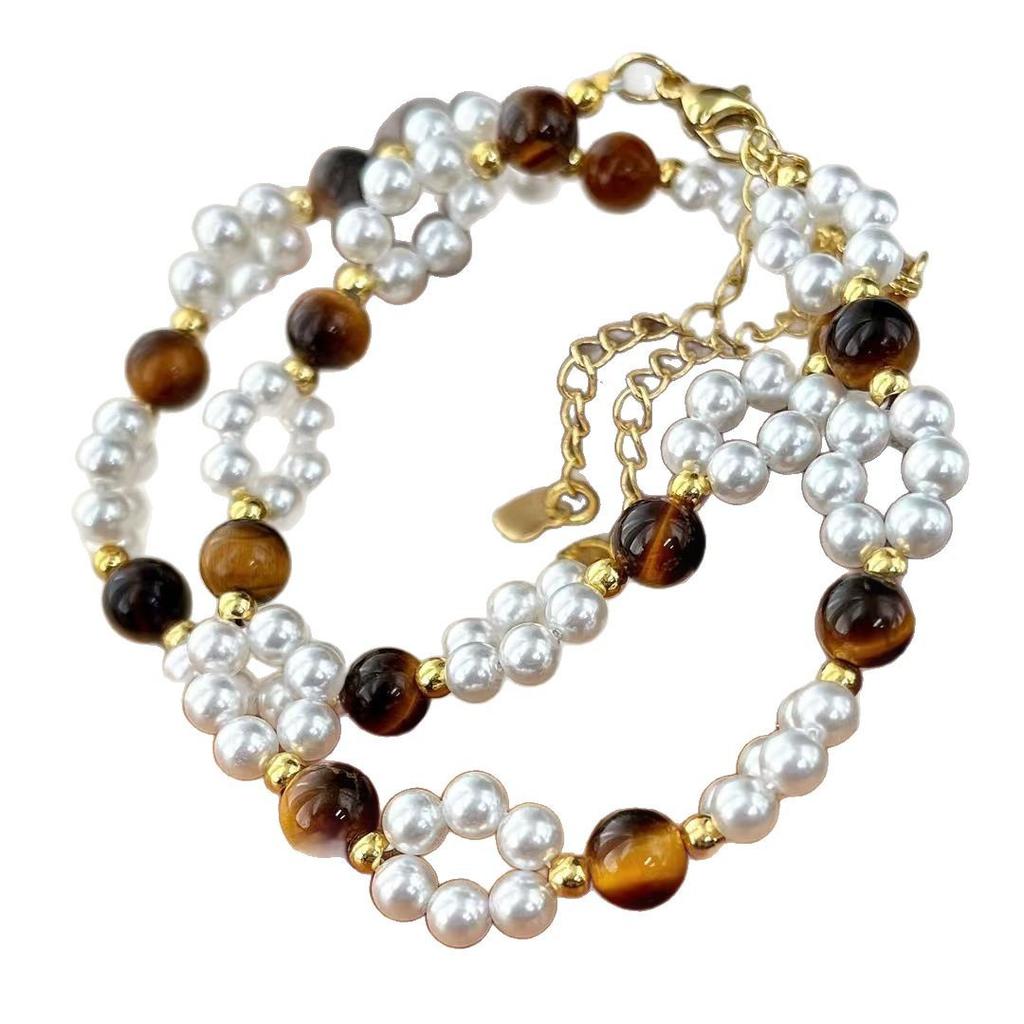 Vintage Artificial Crystal Pearl Natural Tiger'S Eye Stone Bracelet Bracelet.