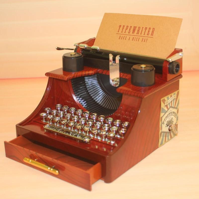 Retro Design Wind Up Mechanical Music Box In Typewriter Shape Sweet Melodies with Drawer Home Desktop Shelf Decors