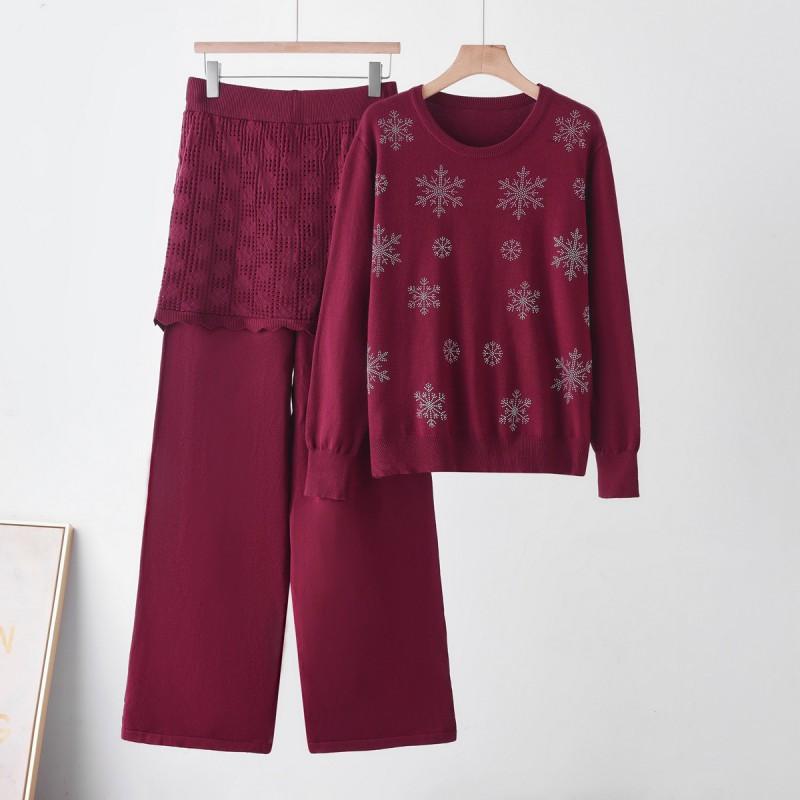 Womens Winter Knit Set: Round Neck Sweater With Rhinestone Embellishment Straight Leg Pants