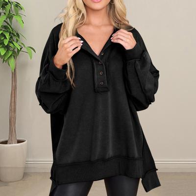 Felpa da donna con bottoni, scollo rotondo, maniche lunghe, polsini elastici, ampia, tinta unita, orlo irregolare, pullover casual