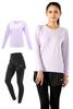 Flexia Yoga und Pilates Trainings-Set für Damen mit Langarm, Perfekt für das Fitnessstudio, T-Shirt, Hose, Leggings, Figurschmeichelnd, Schnelltrocknend (Größe M, Lila)