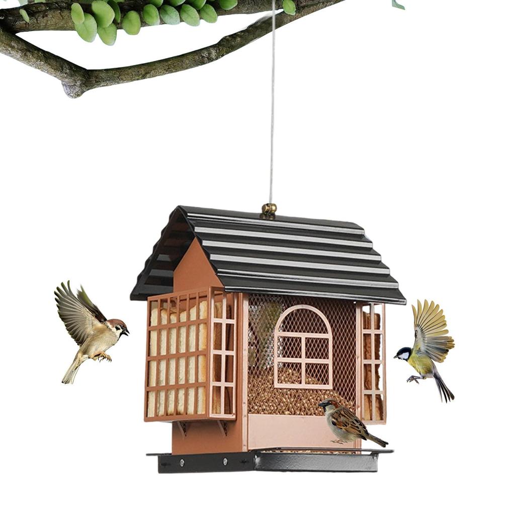 Outdoor Hanging Bird Food Feeder House Shape Metal Feeding Dispenser Double-layer Bird Food Cage For Attracting Wild Birds