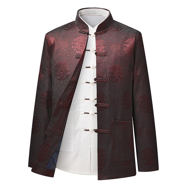 Men's Autumn Stand Collar Tang Suit Jacket - Long Sleeve Casual Coat for Middle-Aged & Elderly