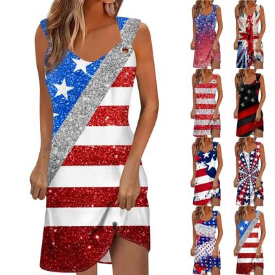 Women's Summer Casual Independence Day Printed Sleeveless Hollow Round Neck Loose Beach Dresses