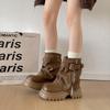 Winter Retro Belt Buckle Women Knight Fashion Metal Slip on Ladies Concise Thick Heel Pipe Short Booties