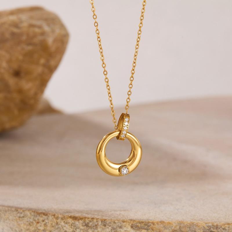 Gold Circular Ring Pendant Necklace – Dainty CZ Crystal Minimalist Jewelry, Elegant Everyday Gift for Women