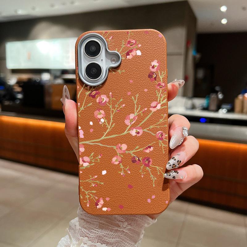Shockproof Soft Tpu Peach Blossom Pattern Phone Case for iPhone 16 Pro 15 14 Plus 13 12 Pro Max 11 Leather Texture Plain Color Slim Cover