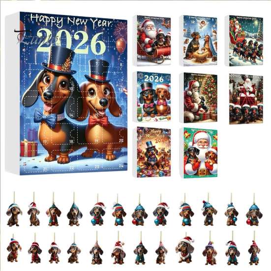 Calendario del Conto alla Rovescia per le Feste Calendari dell'Avvento Bassotto 2026, 24 Giorni Ciondolo Acrilico 2D Set di Ornamenti Cane Carino di Natale Calendario, da Collezione