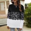 Ladies Casual Color Round Neck Stitching Pullover Lace Side Long Sleeves