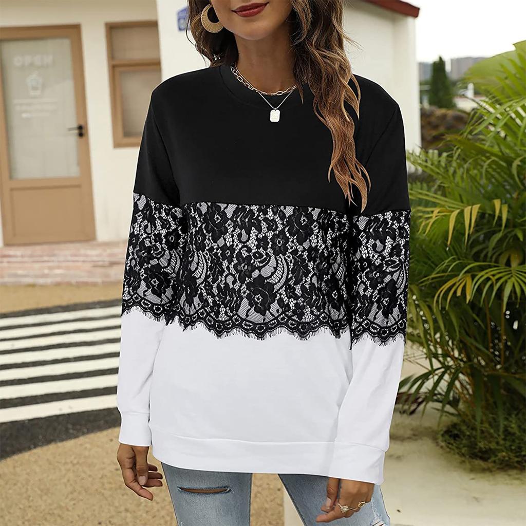 Ladies Casual Color Round Neck Stitching Pullover Lace Side Long Sleeves