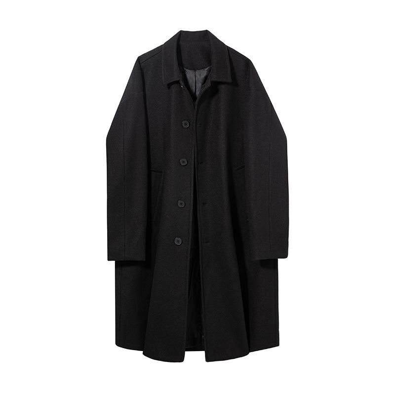Men's Mid-Length Windproof Woolen Coat - Autumn/Winter, Japanese Style, Loose Fit, Thickened Lapel Jacket