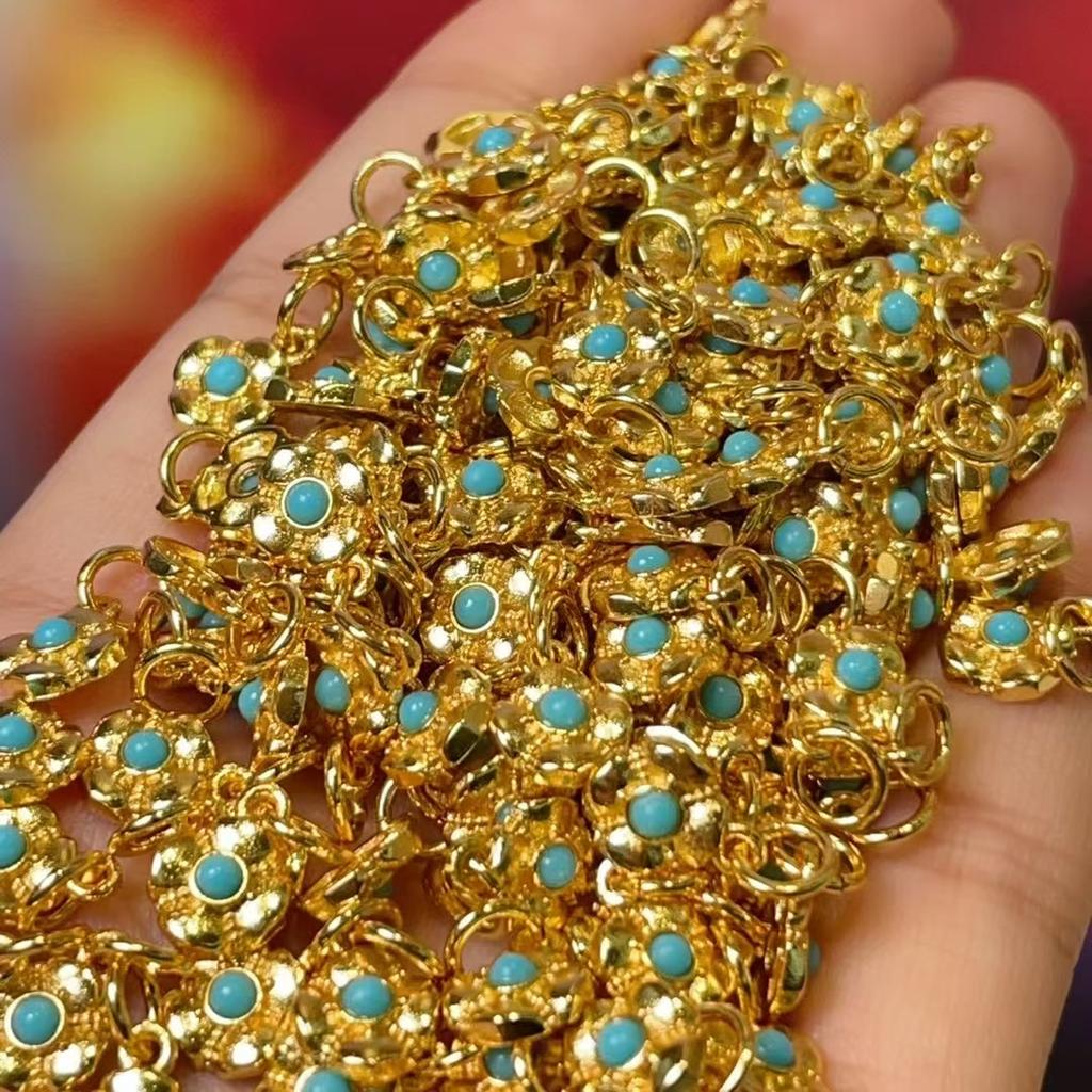 2Pcs, Natural Stone Blue Turquoise Pendant With Golden Edged, Fashion Handcrafted Flower Charms for Jewelry Making DIY Necklace Accessories 6×8mm