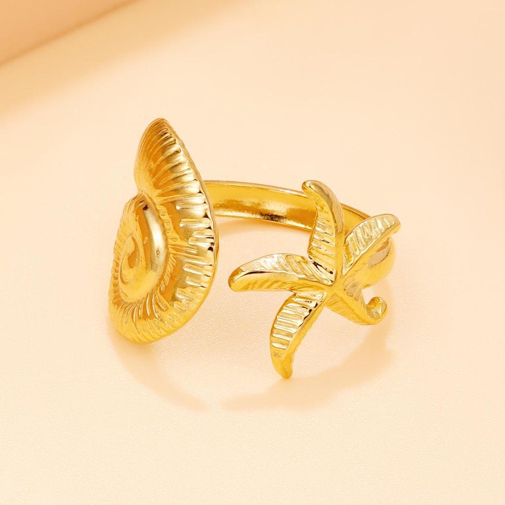 Stylish Ocean Animal Ring: Starfish & Seashell Design, Stainless Steel, Adjustable Open Band