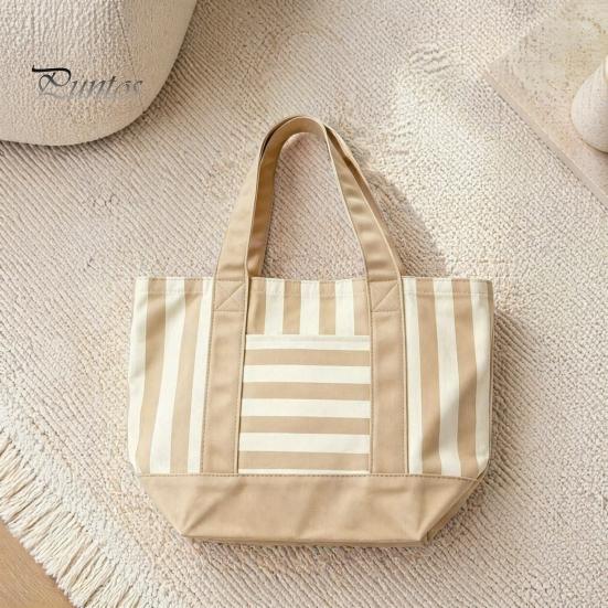 Multi-purpose Tote Bag Striped Canvas Bag, Stylish Reusable Grocery with Lightweight Front Pocket, Shoulder for Shopping Picnic Commuting Everyday