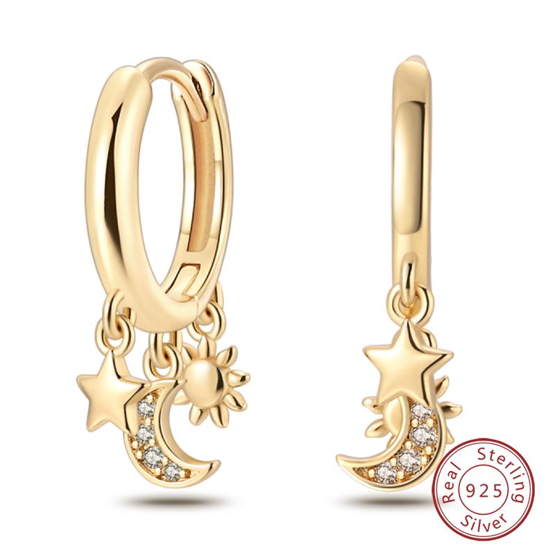 

Golden Earrings 925 Silver Classic Gold Color Star Moon Cube Hoop Earrings For Women Engagement Wedding Jewellery Gift