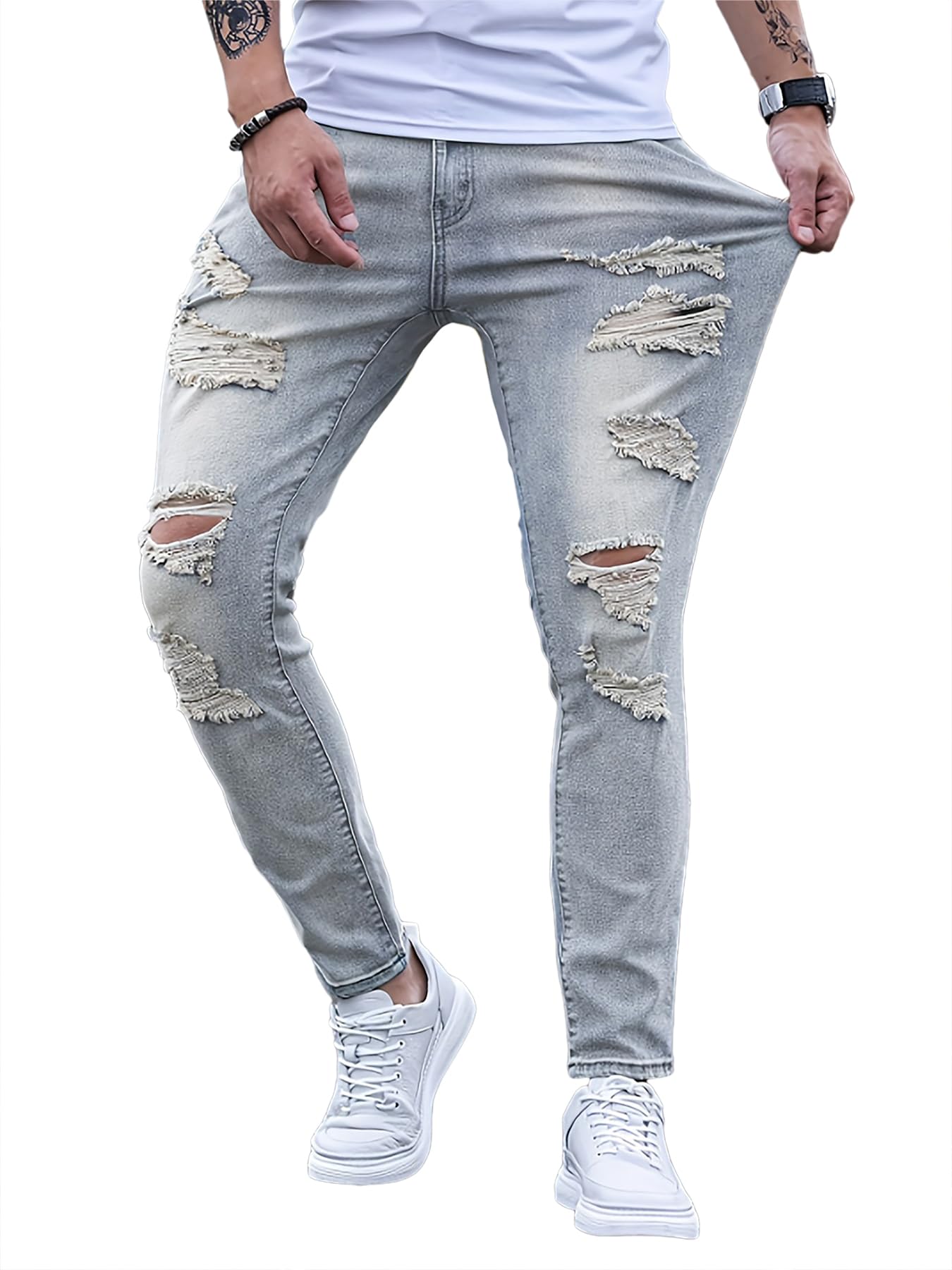 [Petit de Francais] Straight Denim Jeans for Men, Plus Sizes, Motorcycle Pants, Rider Style, Distressed Jeans, D-48 (Size 32, Standard, Blue)