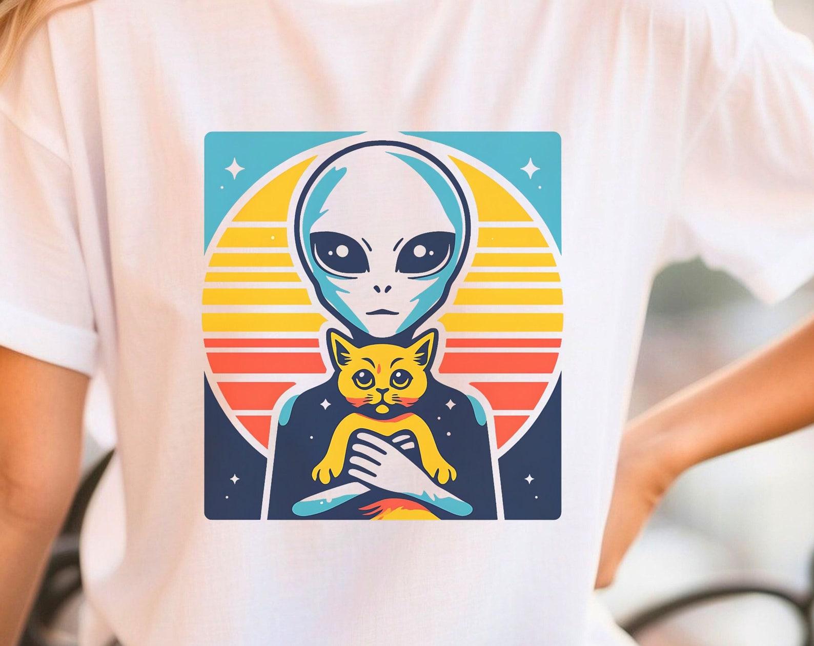 UFO Cat T-Shirt: Alien Kitty Sci-Fi Illustration S