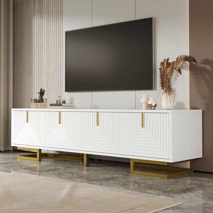 TV Cabinet, White, with 4 Textured Doors, Gold Handles and Legs, Living Room Furniture, 160 X 38 X 44 Cm