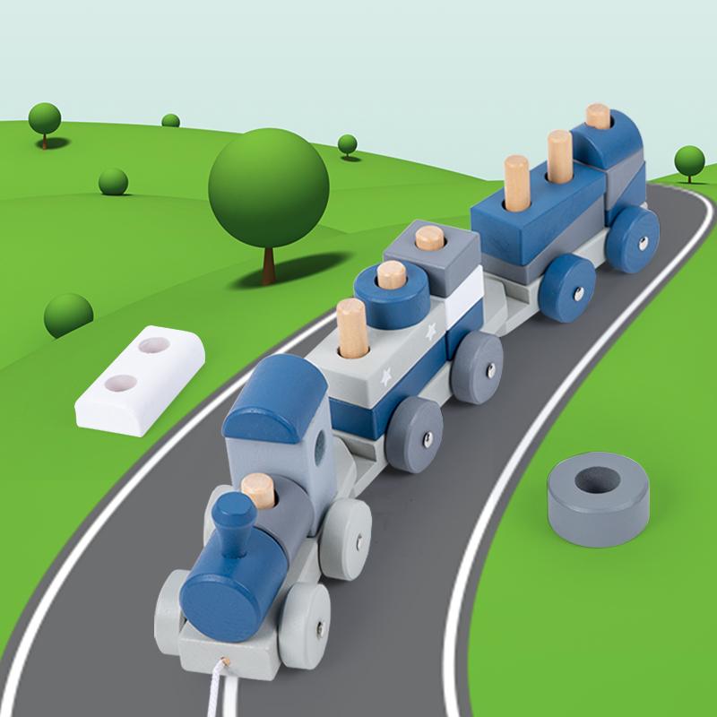 Wooden Montessori Stacking Train Set Educational Toys Shape Sorter Building Blocks Wooden Trolley Baby Learning Toys Gifts