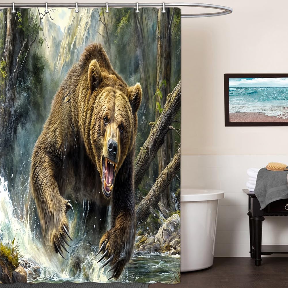 

Rustic Bear Shower Curtain Country Wild Animals Forest Plank Background Mountain Woodland Nature Retro Bathroom Decor Gift W60H190(CM)-1 Pcs