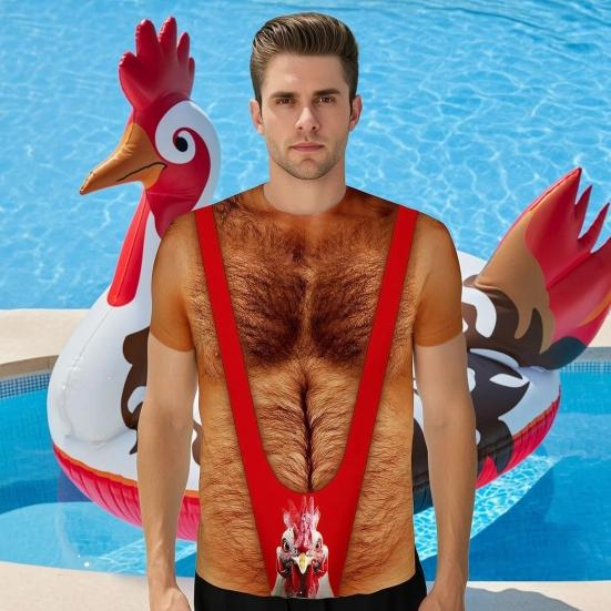 Chest Hair Toupee T-Shirt, Men Funny Muscle Shirt with False Chest Hair, Six Pack Ugly Muscle Tee, Loose Fit Shirt for Bachelor Party Carnivals