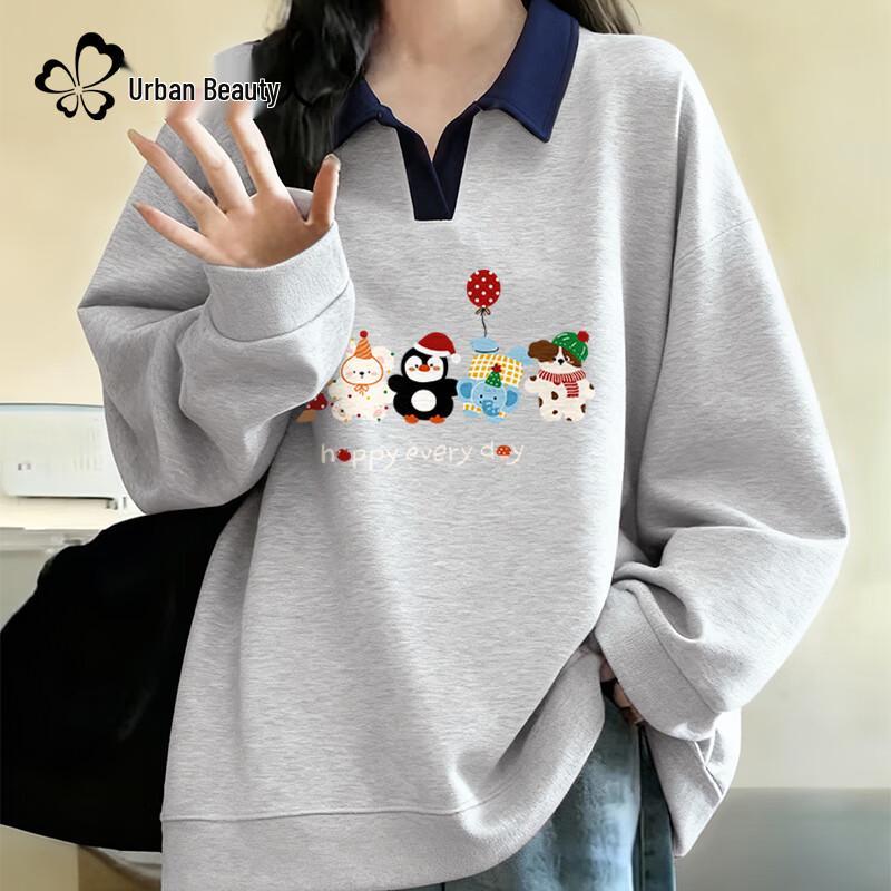 

Women s Plush Lined Polo Collar Cartoon Print Sweatshirt 2XL