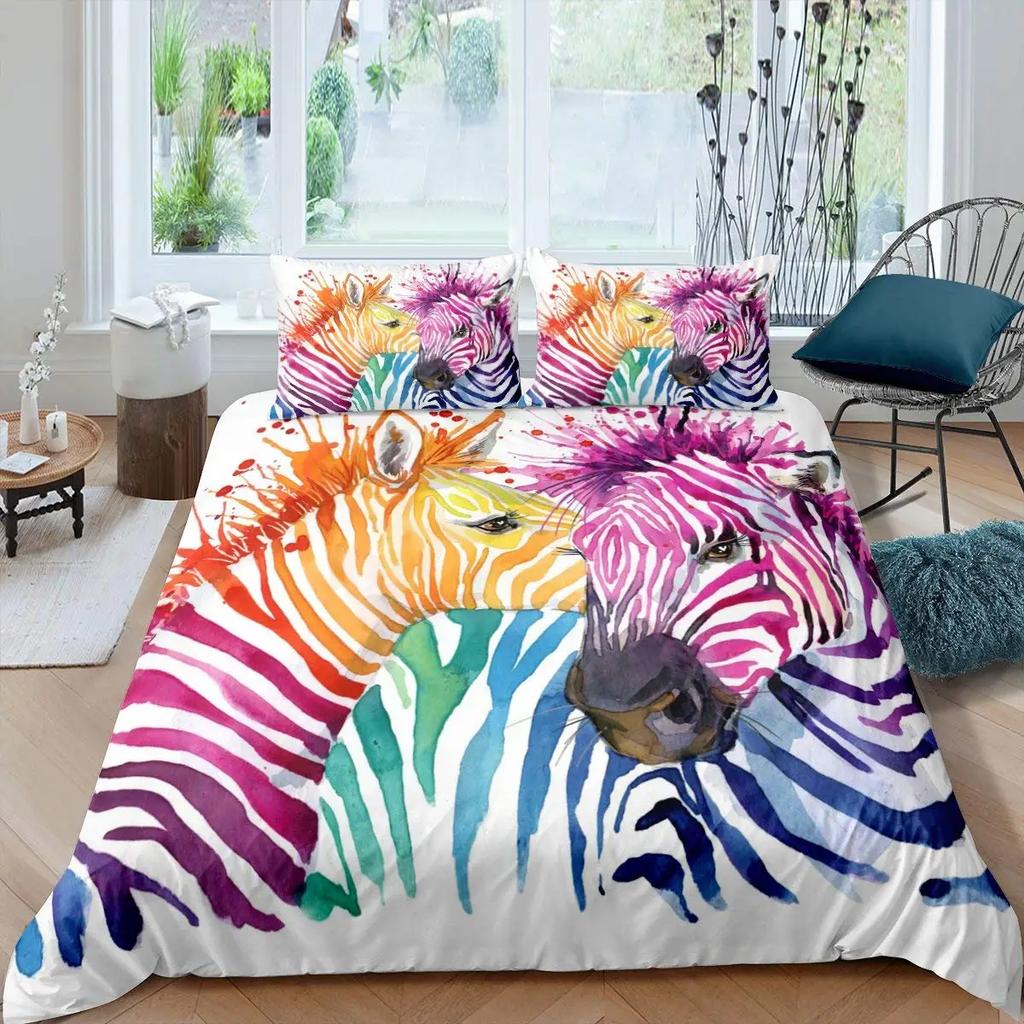 Zebra King Queen Duvet Cover Colorful Animal Bedding Set For Teens Adults Savanna Creatures Black 2/3Pcs Polyester Quilt Cover