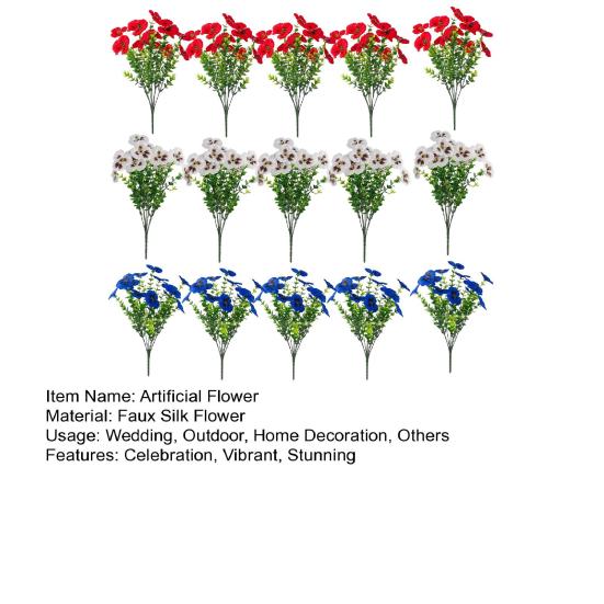 4th of July Artificial Pansy Flowers for Outdoor, UV Resistant Faux Silk Patriotic Flowers, Red Blue White Fake Flowers for Planter Front Door Porch