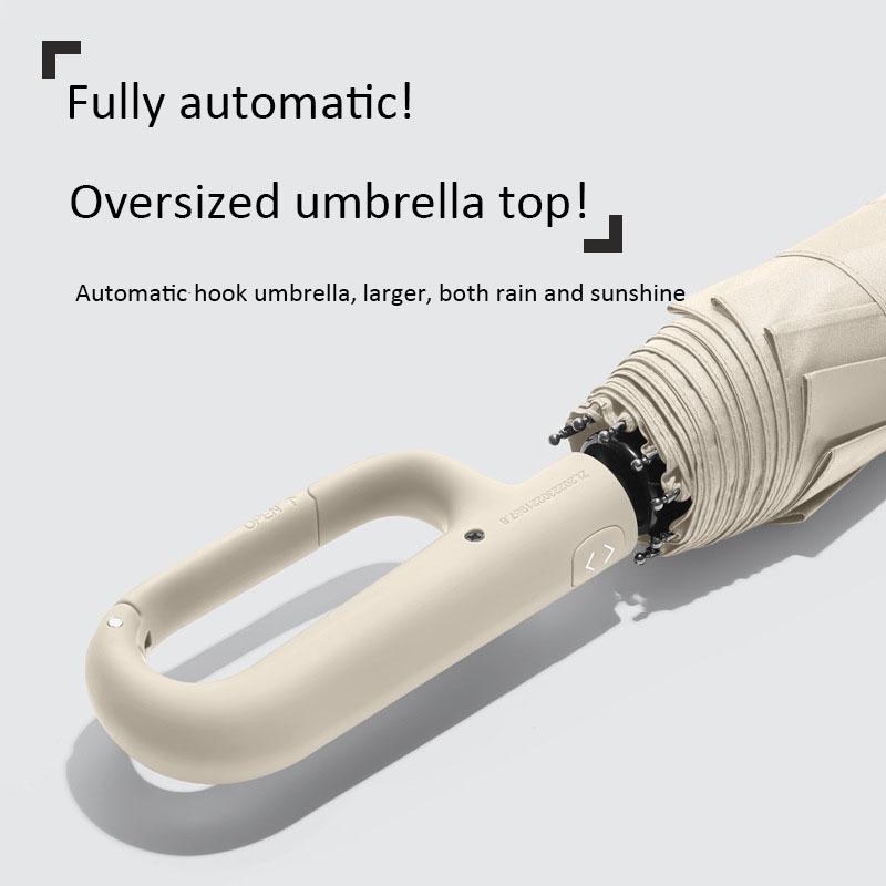 Automatic 3 Folding Umbrella, Both Rain And Sunshine, 125CM Large, Wind Resistant, Hook Design,Water Repellent And Leakproof