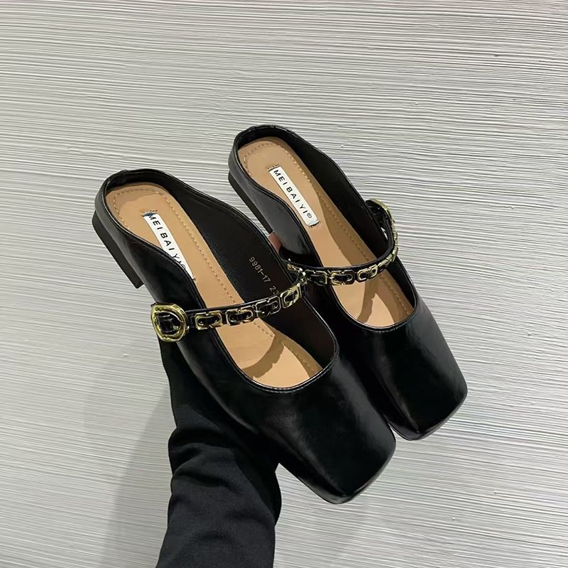 

Korean version of versatile Mary Jane with a bag head and half slippers for women to wear outside a pedal chain flat-soled Muller shoes 40 чёрный