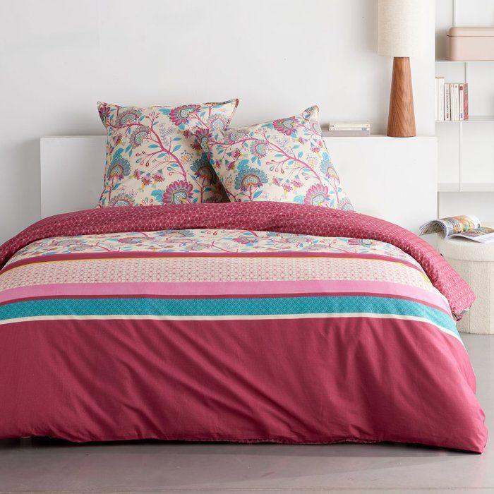 Parure de Lit - 240 x 220 cm - Coton Imprimé Floral Rouge Bordeaux - TODAY SUNSHINE