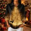 Women's Casual 3/4 Sleeve Button Down Collared Shirt with Christmas Print