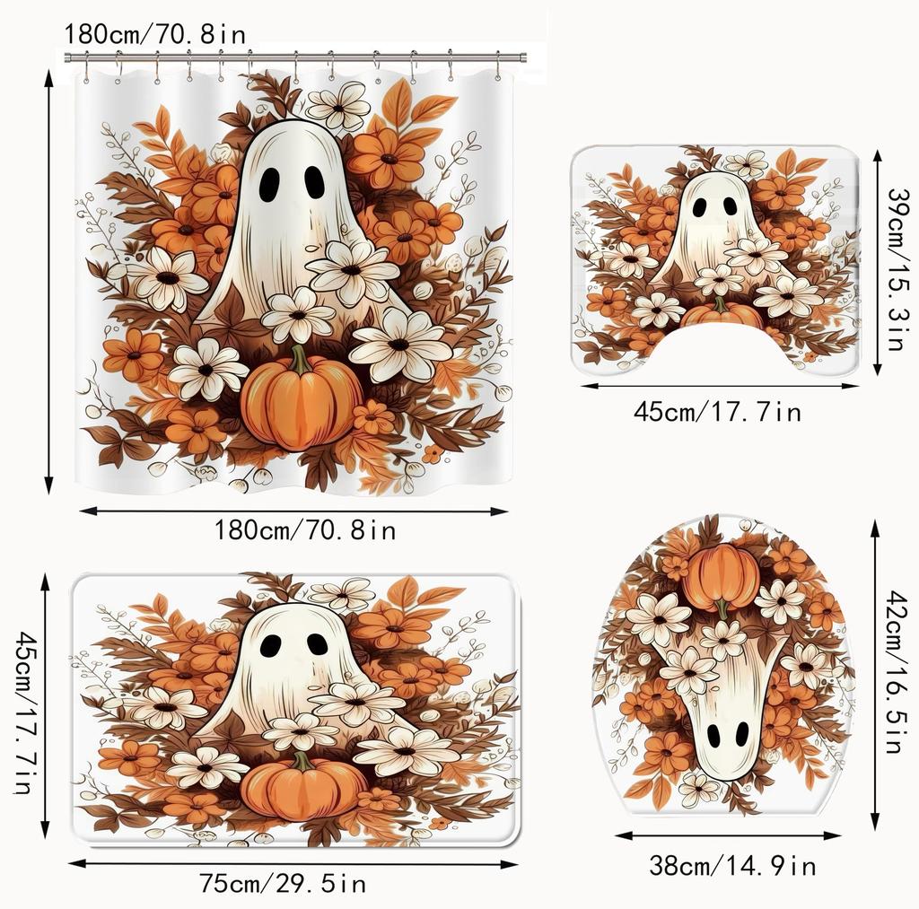 4Pcs Halloween Shower Curtain Set Fall Autumn Floral Design with Ghost And Pumpkin Elements Anti-Slip Bathroom Decor Accessories