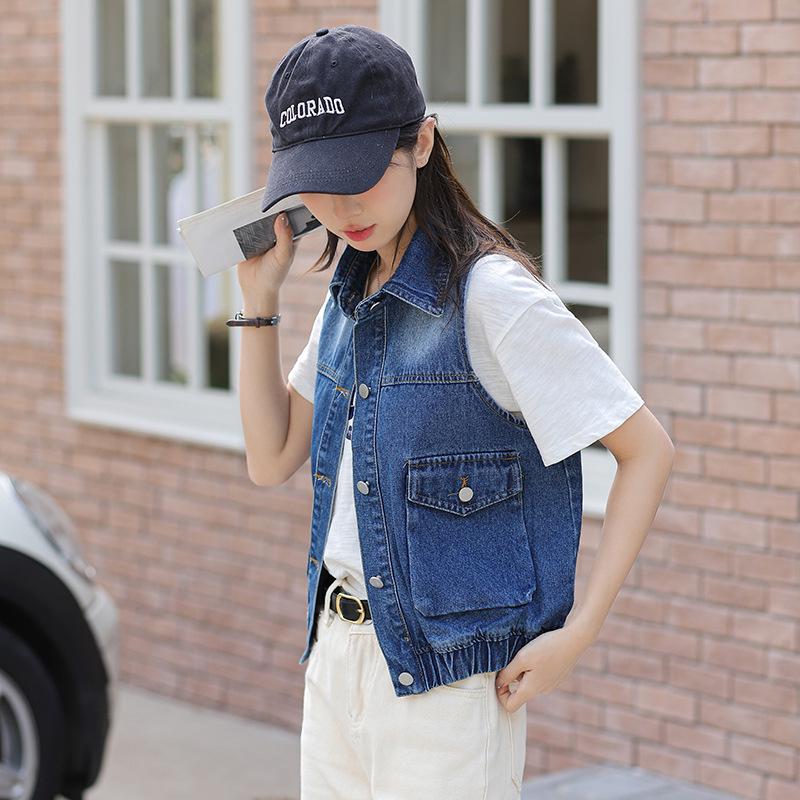 Trendy Korean-Style Blue Distressed Denim Vest for Women