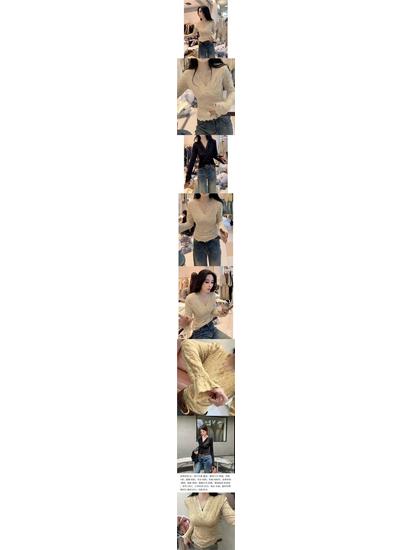 T-shirt de base en dentelle à manches longues et col en V ajusté pour femme 2025