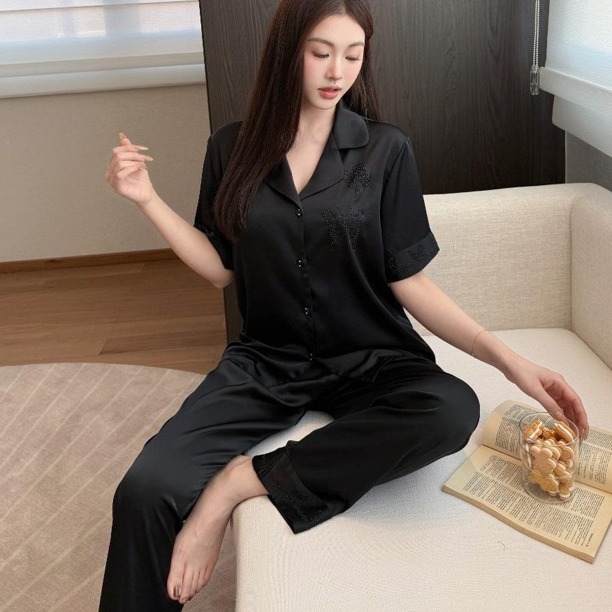 Hot Diamond Couple Pajamas Summer Ice Silk Thin Loungewear Set Short Sleeve Trousers Spring and Autumn New High Sense
