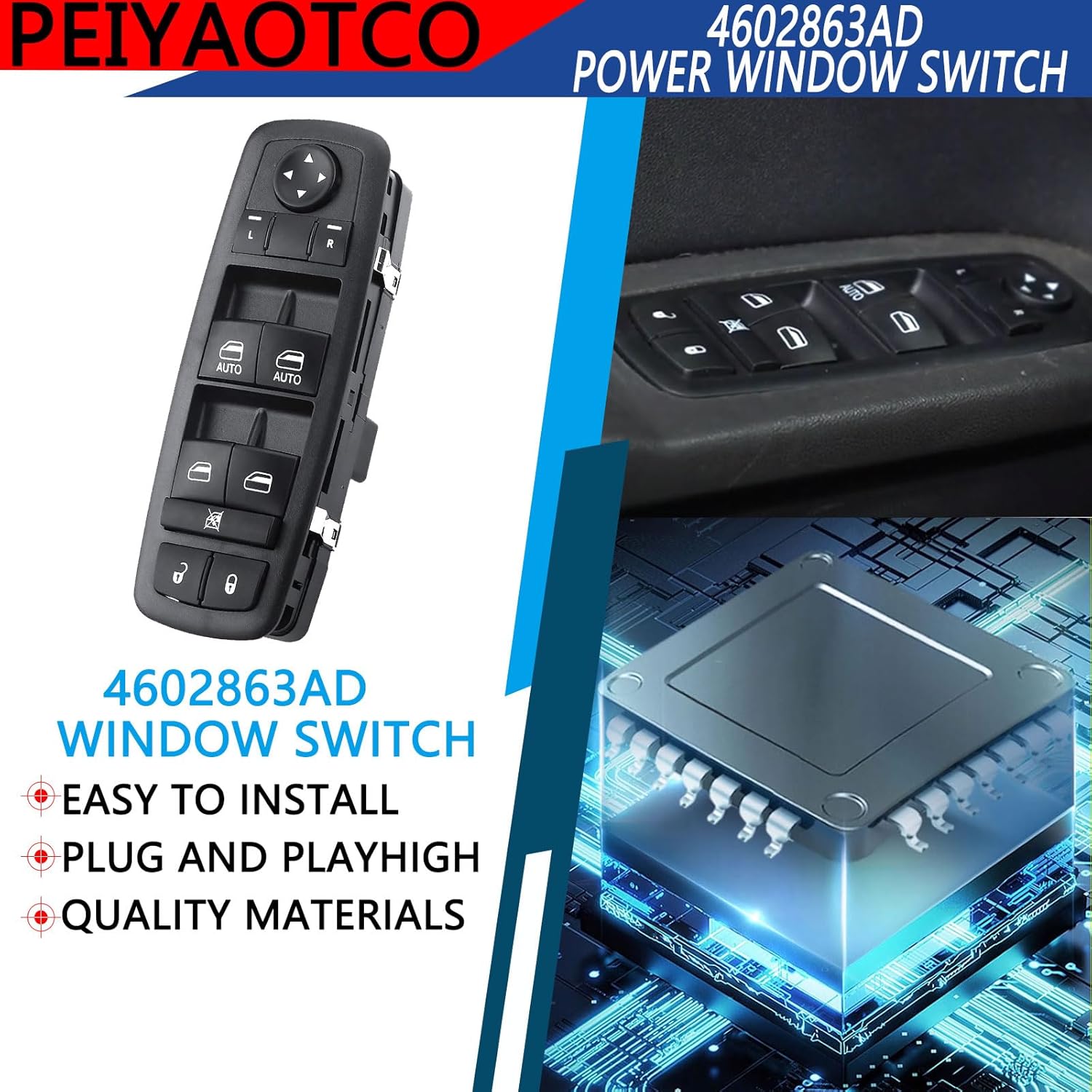 4602863AD Power Window Switch Fits for 2009-2012 Dodge Ram 1500 2500 3500 OE Replace 4602863AB 4602863AC 901-473