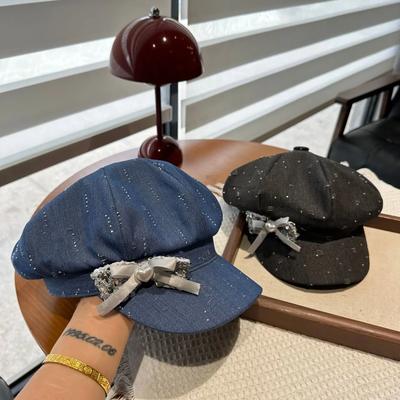 Luxurious Rhinestone Embellished Heavy Duty Butterfly Knot Octagonal Hat Women's Spring Summer Unique Vintage Denim Beret Cap