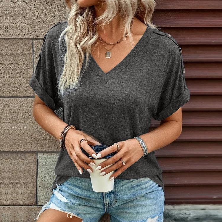 Spring and Summer Pure Color Button-up Fashion Short-sleeved Women's T-shirts