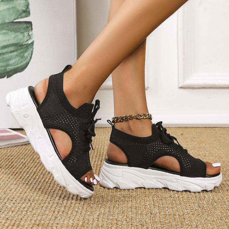 Mode Sommer Damen Sandalen Mesh Freizeitschuhe Weiß Dicksohlige Schnür-Sandalen Offene Zehenpartie Strandschuhe für Damen Neu Zapatos Mujer