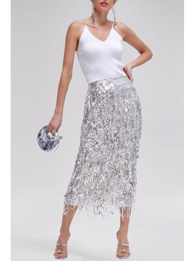Women's Tassel Sequin Pencil Skirt with Slit - Solid Color, European & American Style