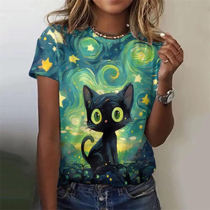 Colorful Cat Pattern T-Shirt For Women Cartoon Pet 3D Printed Tees Summer Harajuku Round Neck T Shirts Short Sleeves Loose Tops
