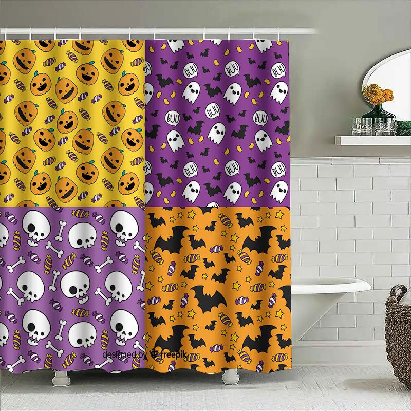 Halloween Decor Shower Curtains Halloween Party Decoration Kids Room Bathroom Window Treats Sugar Skull Ghost Pumpkin Bat Patter