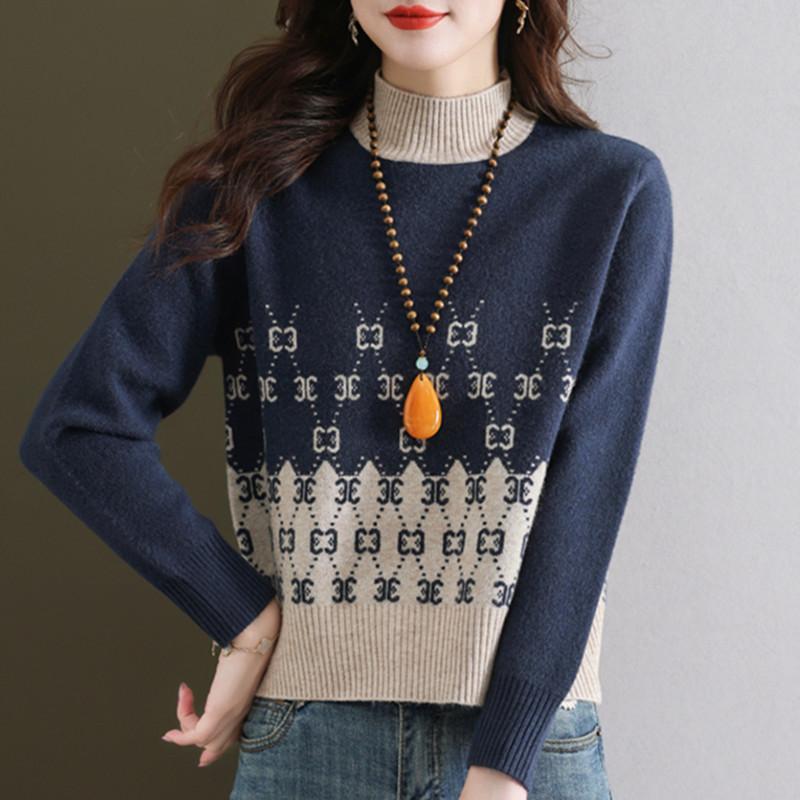 Short Sweater Women's Autumn and Winter Half Turtleneck Knitted Sweater Loose and Casual Long-sleeved Pullover