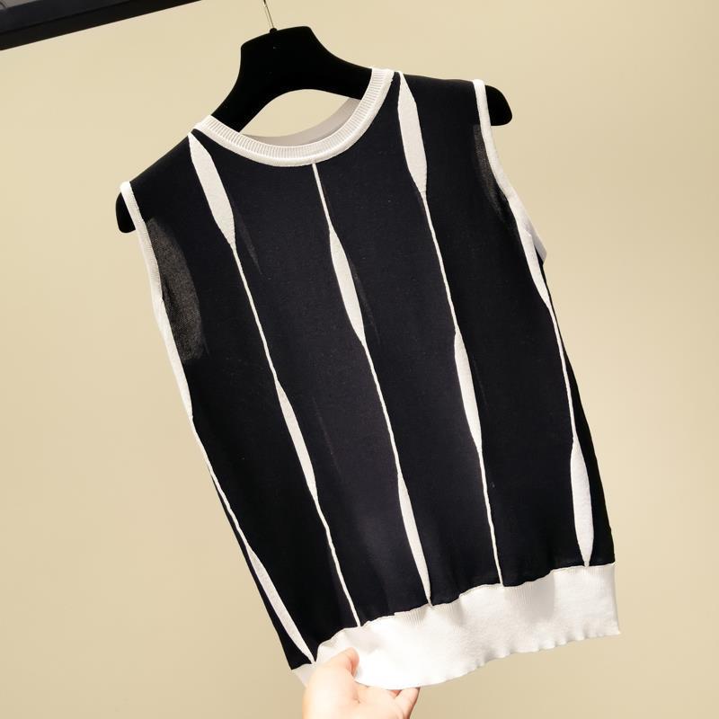 Striped Vintage Chic O Neck Knitted Sleeveless Women's Vest Fashion Lightweight Summer Tank