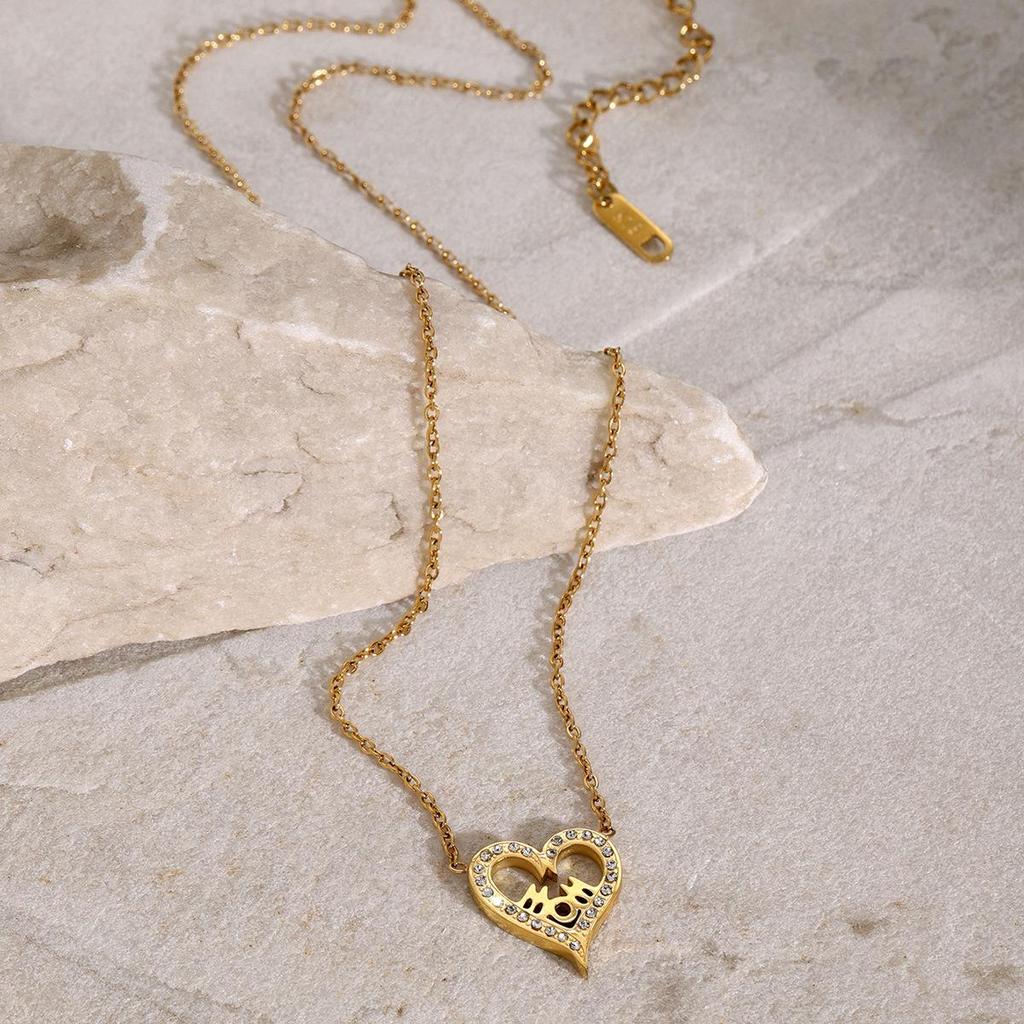18k Gold Stainless Steel Heart MOM Necklace with Rhinestones, 45+5cm