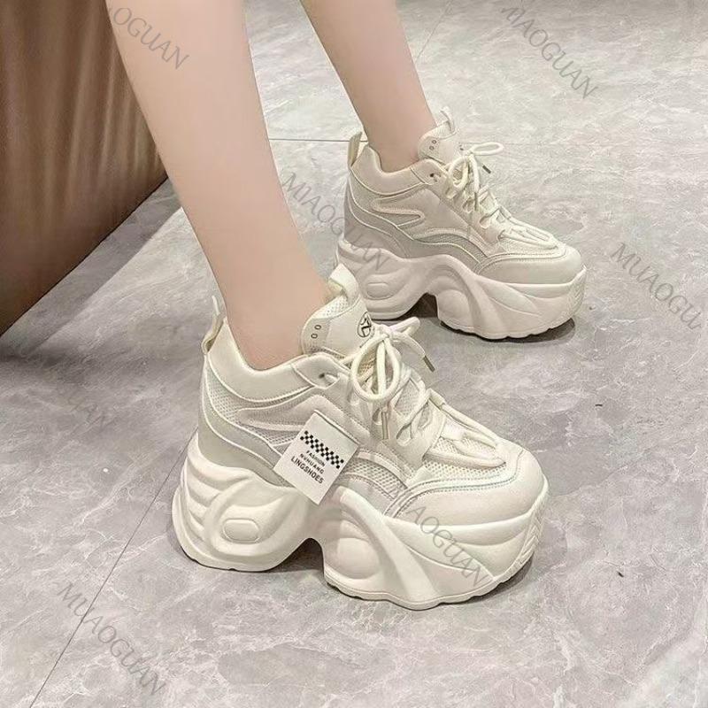 Fashion Women High Platform Sneakers Spring Autumn Lace-up Chunky Tennis Shoes Beige Thick Sole Casual Shoes Woman Sport Leather Sneaker